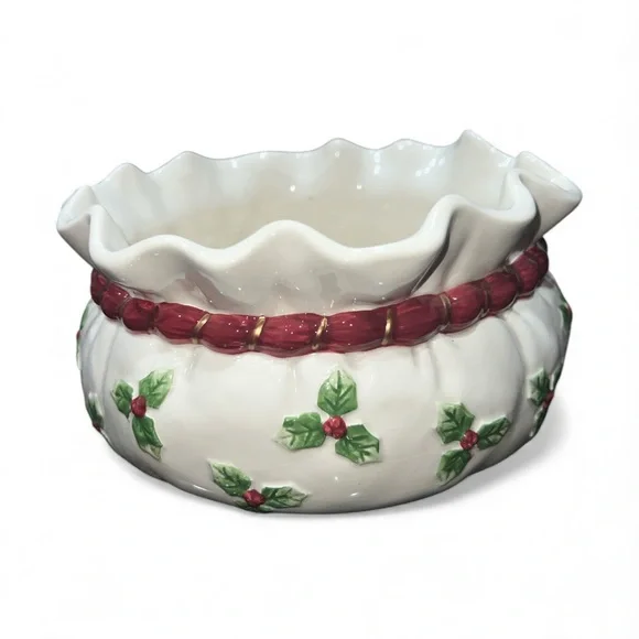 Fitz & Floyd Deck The Halls Potpourri Bowl Ceramic Santa Bag 8” X 4” - Picture 2 of 2